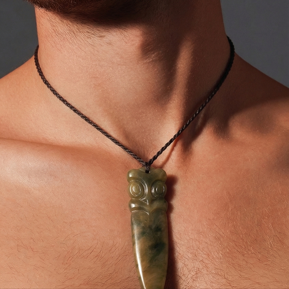 Out of New Zealand Hand Carved Nephrite Jade Greenstone Taiaha Tip Tiki Pendant
